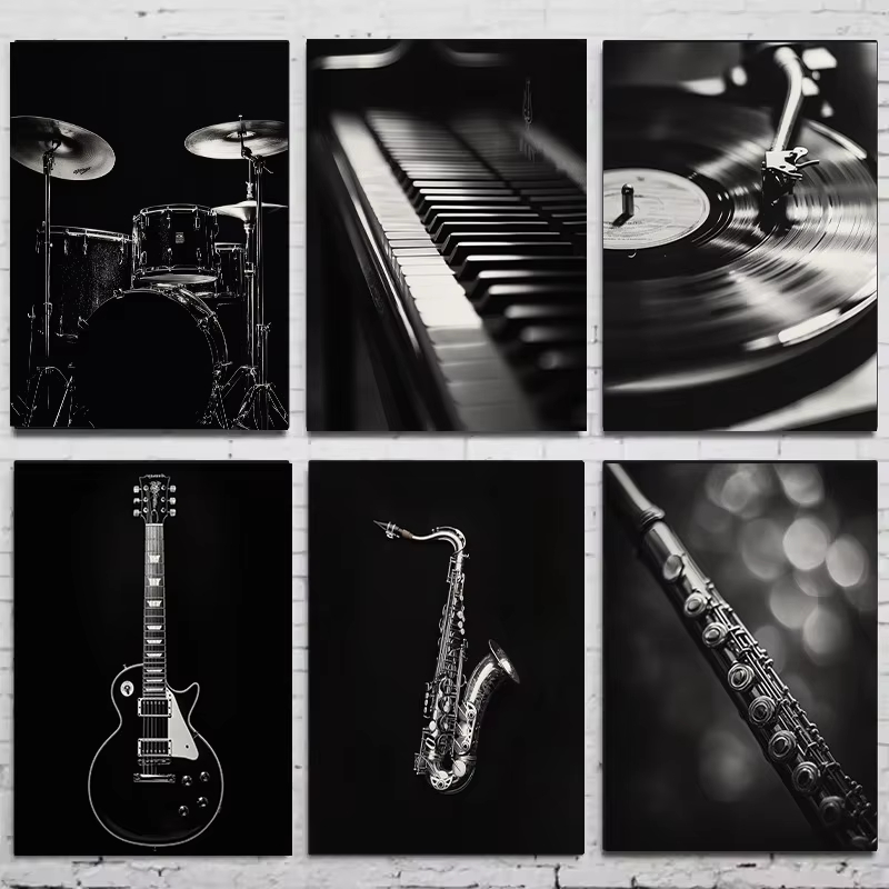 Musical Instrument Image - 현대 흑백 음악 악기 포스터 기타
